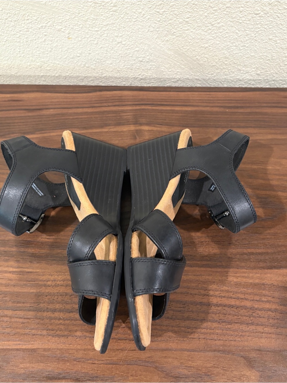 Black Leather Crisscross Wedge Sandals - Women's Comfort Heels - Picture 5 of 6